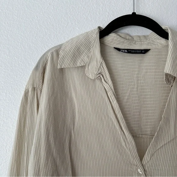 ZARA Beige Pinstripe Button-Up Shirt - Long Sleeves, Relaxed Fit, Medium - Picture 2 of 7